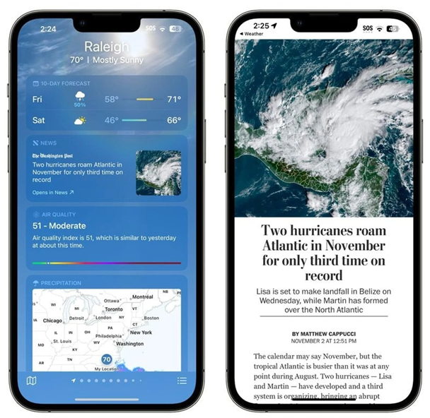 金波乡苹果14维修分享iPhone 14手机如何看天气时顺带看新闻 