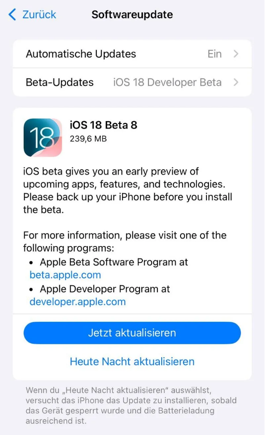 金波乡苹果手机维修分享苹果 iOS / iPadOS 18 开发者预览版 Beta 8 发布 